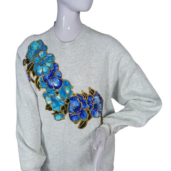 Vintage Single Stitch 90s Puffy Paint Handmade Sweatshirt Large Gray Floral - Picture 2 of 8